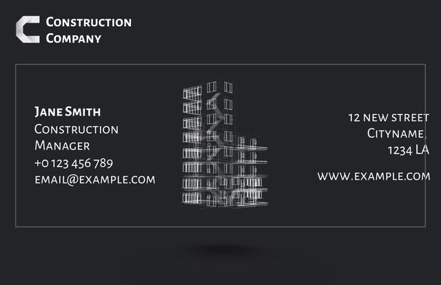 This modern and minimalistic business card template is perfect for professionals in the construction and design industry. Featuring a sleek black background with white sharp typography and a sketched building design element, this card is ideal for communicating professionalism and elegance. It includes space for contact details, name, job title, address, phone number, email, and website, making it easy for clients to reach out. This template is particularly suitable for construction managers, architects, and designers looking to leave a lasting impression with potential clients and business associates.