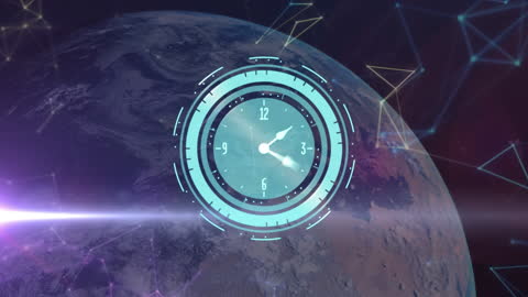 Digital Clock Overlay on Rotating Earth with Network Visualization