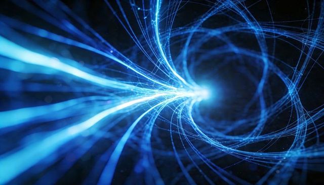 Neon Blue Data Vortex with Twisting Filaments Light Trails and Radiant Core in Digital Void