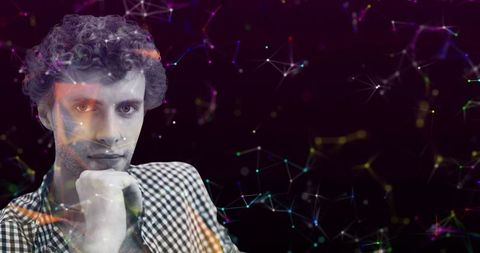 Pensive Man Contemplating Digital Network with Abstract Elements