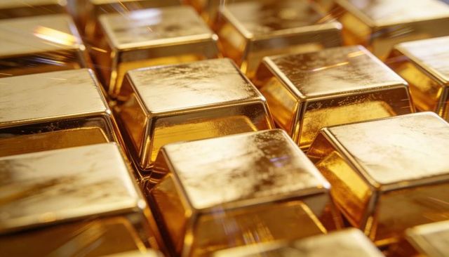 Shiny gold bars lined in repeating pattern reflecting light for finance and investment