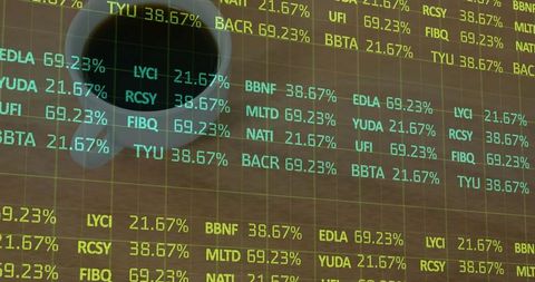 Translucent financial ticker overlay on wooden desk with coffee mug, neon market data