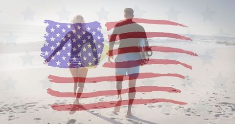 Couple with Surfboards on Beach Overlapping American Flag - Download Free Stock Images Pikwizard.com