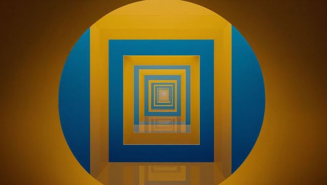 Abstract geometric tunnel with blue and yellow frames