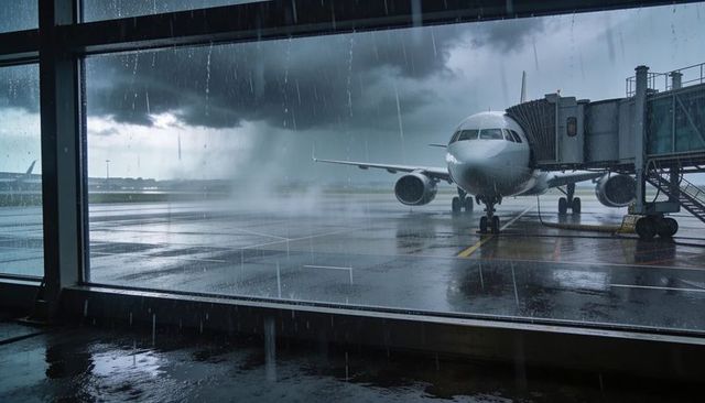 Airliner waiting at gate during storm with wet tarmac reflections and jet bridge