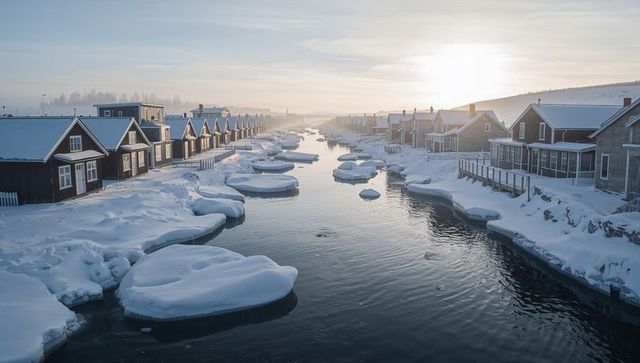 Snow-covered canal lining rustic wooden cottages reflecting soft low winter sun