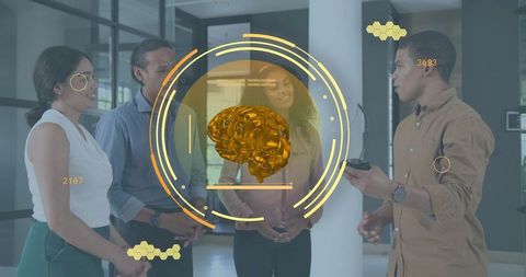 Corporate team examining gold holographic brain during futuristic collaboration and demo