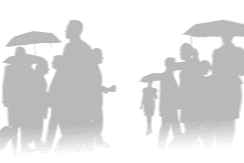 Transparent silhouettes of people with umbrellas