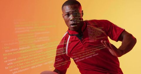 Soccer Player in Red Jersey with Digital Code Overlay