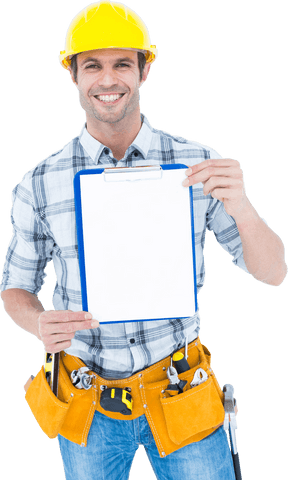 transparent image of smiling carpenter displaying clipboard - Download Free Stock Videos Pikwizard.com