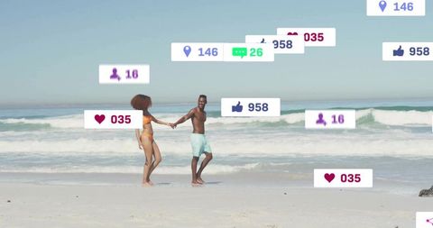 Couple Enjoying Beach Walk with Social Media Connection