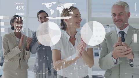 Business Professionals Celebrating Success with Data Interface