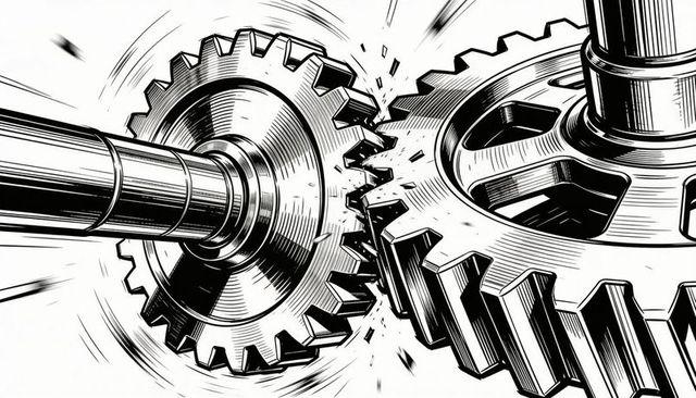 Meshing metal gears spinning on shafts in high-contrast ink illustration, dynamic motion