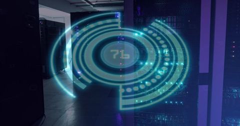 Futuristic data interface over modern server room