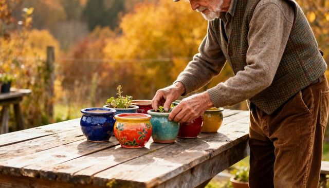 Senior gardener arranging colorful ceramic pots on rustic wooden table amid autumn foliage
