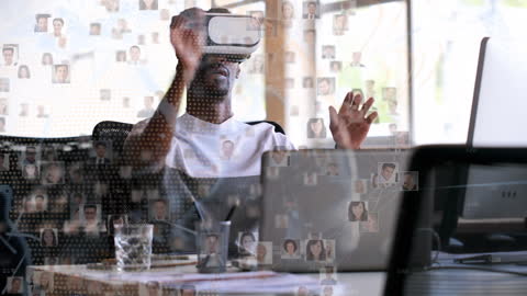 Office Worker Exploring Global Network with VR Headset Technology