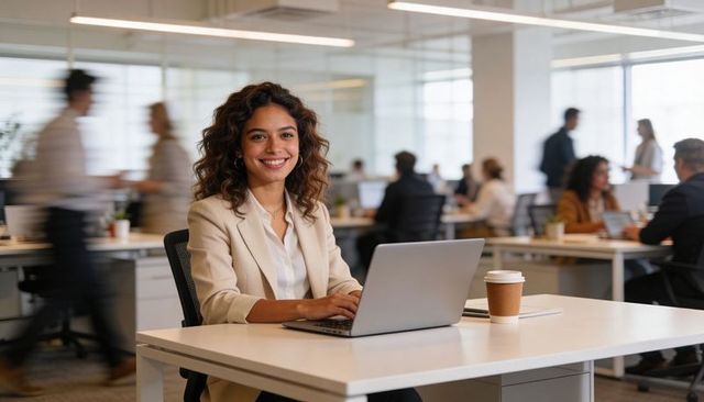 Smiling professional woman working on laptop in modern open-plan office with coffee