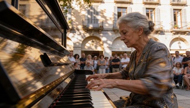 Senior pianist performing in sunlit historic city square with captivated crowd