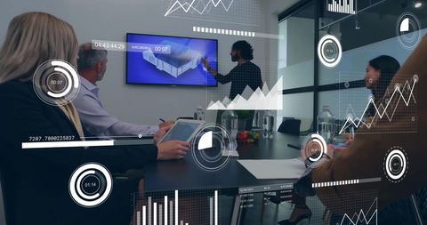 Diverse Team Analyzing Data with Digital Infographic Overlay in Office - Download Free Stock Images Pikwizard.com