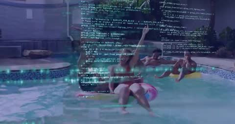 Friends Enjoying Time in Pool with Digital Overlay of Tech Code