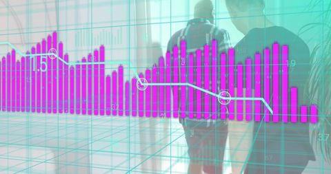 Walking colleagues in glass atrium with neon magenta bar chart and cyan data grid overlay