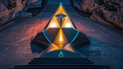 Illuminated abstract pyramid sculpture in rock plaza