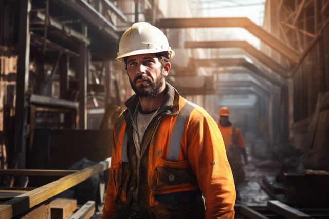 Caucasian construction worker in hard hat working in factory, created using generative ai technology. Worker, labor, factory and industry concept digitally generated image.