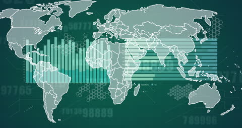 Digital World Map Overlay with Data Visualization Elements on Green Background