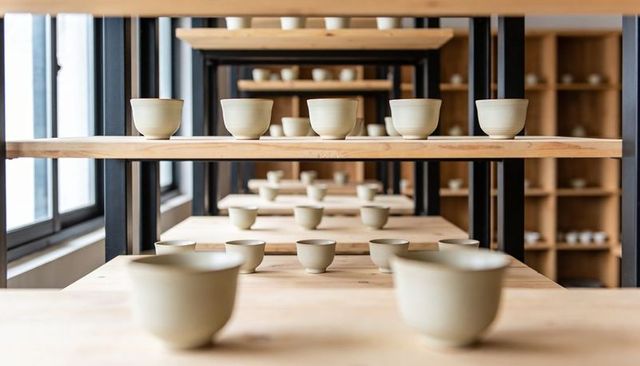 Beige ceramic bowls lining wooden shelves with metal frames showing pottery studio display