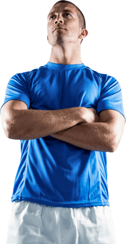 Transparent determined rugby player looking away with arms crossed