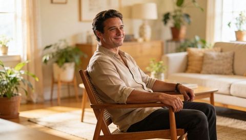 Man sitting and smiling in sunlit midcentury living room with wooden armchair beige shirt
