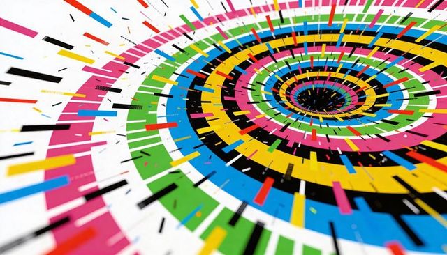 Vibrant CMYK Spiral Vortex with Concentric Rings and Dynamic Geometric Burst Pattern