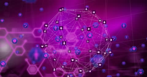 Digital Network Globe with Technology Icons on Purple Background