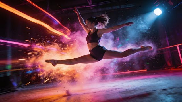 Female athlete executing split leap through neon powder explosion under studio lights