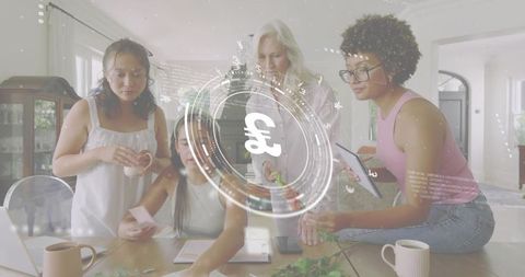 Collaborating women arranging greenery and planning finances with laptop and pound hud overlay