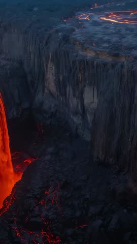 Vertical Volcanic Video: Molten Lava Waterfall Cascading Over Basalt Cliff at Dusk