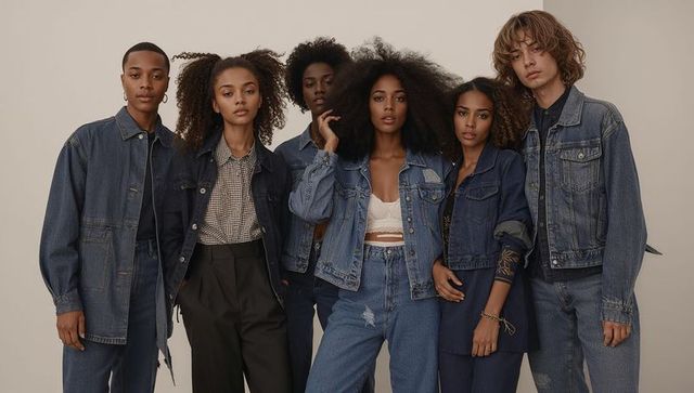 Group of Diverse Models Wearing Denim Apparel Embracing Unity