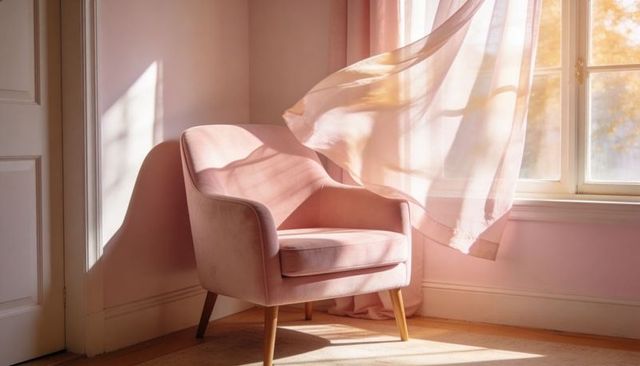Basking blush velvet armchair in midcentury reading nook with billowing sheer curtain