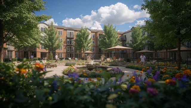 Sunlit apartment courtyard with central fountain, lush gardens and casual residents