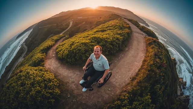 Smiling man in wheelchair on coastal ridge trail at sunset, adaptive travel lifestyle