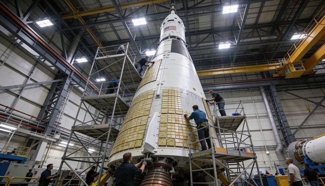Engineers Installing Thermal Insulation Panels on Rocket in Industrial Assembly Hangar