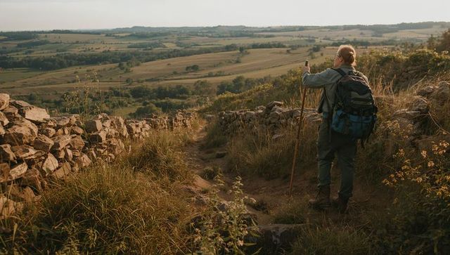 Solo hiker standing on country trail gazing over rolling fields with backpack and pole