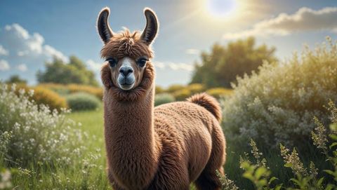 Brown llama standing in lush meadow under the sun