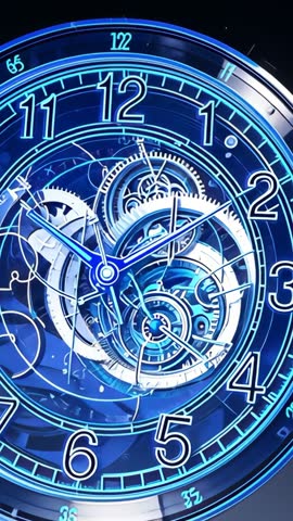 Neon Blue Clockwork Mechanism Rotating Gears with Advancing Hands Vertical Cinematic Loop