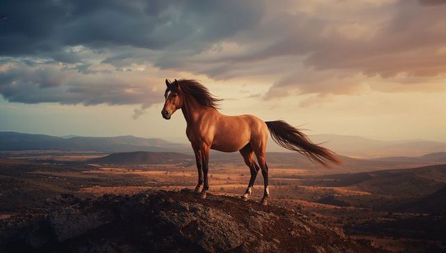 Solitary Brown Horse Overlooking Majestic Wilderness Under Sunset