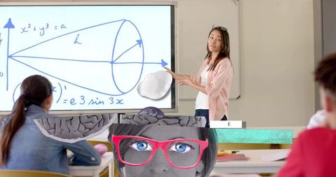Teacher Presenting Geometry Cone Diagram on Interactive Screen with Mixed Media Collage