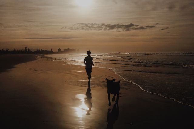 Silhouette of a person running with a dog along a beach during sunset, capturing a moment of joyful companionship and outdoor activity. Ideal for themes of fitness, pet ownership, nature, and peaceful coastal environments. Perfect for use in travel blogs, exercise motivation materials, pet care websites, or scenic photography collections.