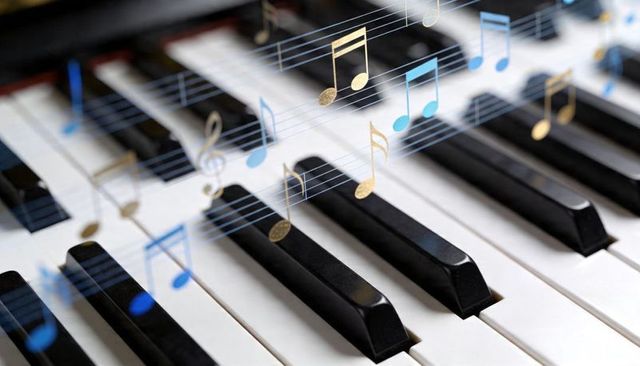 Piano keyboard closeup with floating gold and blue musical notes, abstract music concept