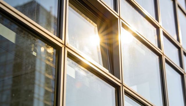 Sunburst reflecting on glass curtain wall with open window and metal mullion grid