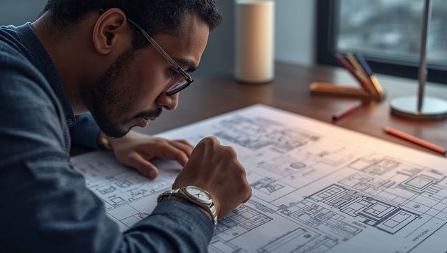 Architect Reviews Project Blueprint Near Sunlit Window